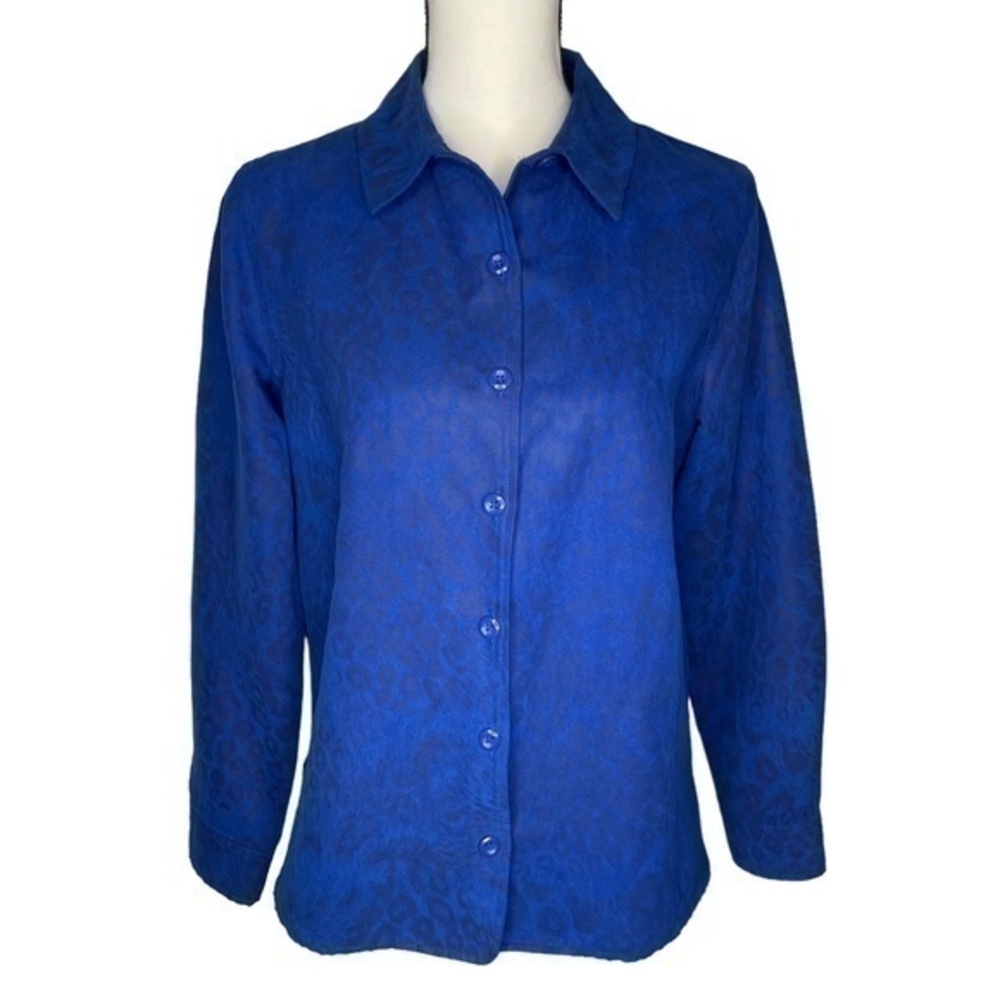 Studio Works Top Blue‎ Faux Suede Leopard Print Button Down Top Size Small